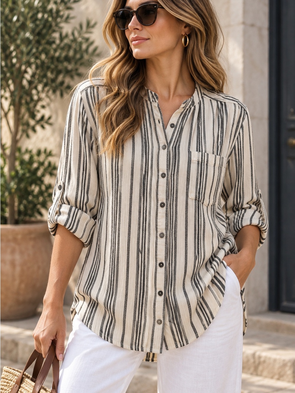 Lucky Brand Cream and Black Striped Button-Front Shirt